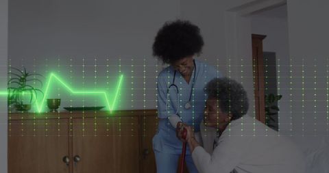 Female Healthcare Worker Assisting Senior with Heartbeat Graphic Overlay