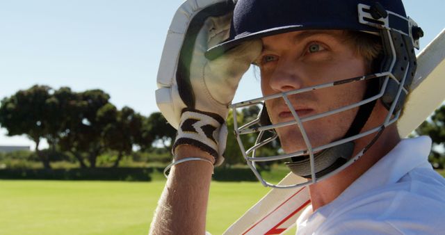 Cricket Player Wearing Helmet Preparing to Play on Sunny Field - Download Free Stock Images Pikwizard.com