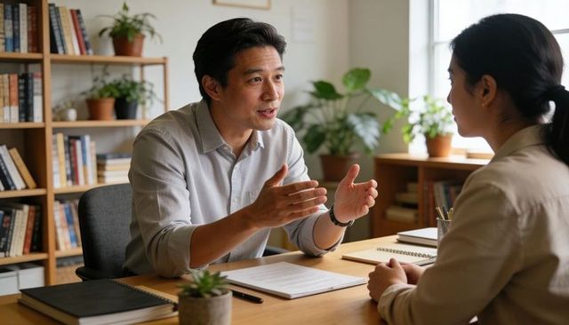 Manager explaining project details to colleague during one-on-one meeting in bright office