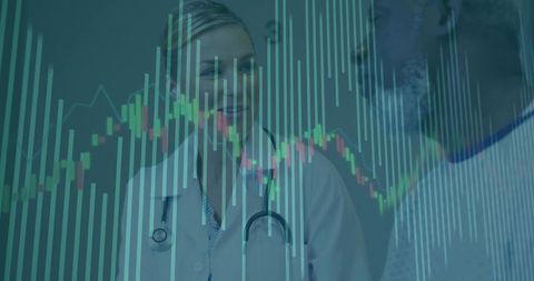 Doctor in consultation with financial chart overlay