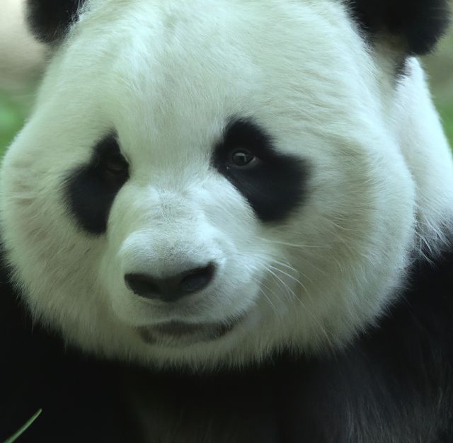 Capturing intimate details of a giant panda's face in a nature setting. The striking black and white markings are prominently displayed, making it a powerful image for promoting wildlife conservation, educational materials about panda species, or use in nature and wildlife-themed content. Perfect for zoos, animal protection societies, and environmental campaigns.