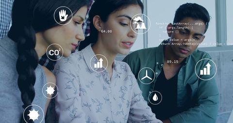 Diverse Team Analyzing Eco-friendly Data with Tech Overlay