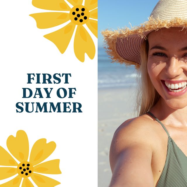 Use this vibrant and cheerful image to convey the joy and warmth of summer. Perfect for social media posts, holiday promotions, or travel advertisements. Capture the essence of a carefree, sunny day at the beach with a smiling woman in a straw hat.