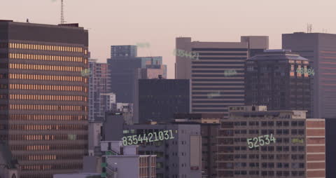 Digital Numbers Overlay on Modern Cityscape
