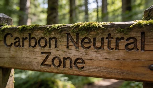 Weathered wooden carbon neutral zone sign with moss on sunlit forest trail