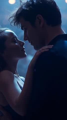 Vertical slow dance: Romantic couple swaying in moody blue ballroom under bokeh lights