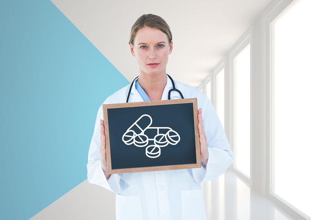 Female doctor confidently holding chalkboard with simple drawings of pills. Useful for illustrating concepts in healthcare, pharmaceuticals, medicine, and medical education. Suitable for articles, presentations, and health campaigns.
