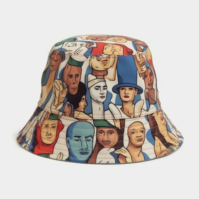 Colorful bucket hat depicting various illustrated diverse faces. Highlights fashion-forward, casual style suitable for both casual outings and streetwear fashion. Great for advertising summer trends, hip fashion accessories, and bringing attention to diversity.