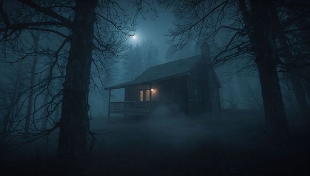 Eerie Forest Cabin in Mystical Moonlight Atmosphere