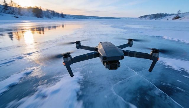 Drone hovering over frozen lake at sunset capturing icy cracks and reflective winter scene