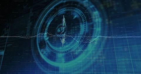Rotating futuristic HUD interface with central circular dataviz and waveform
