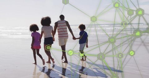 Family of four walking on reflective beach with green financial network overlay