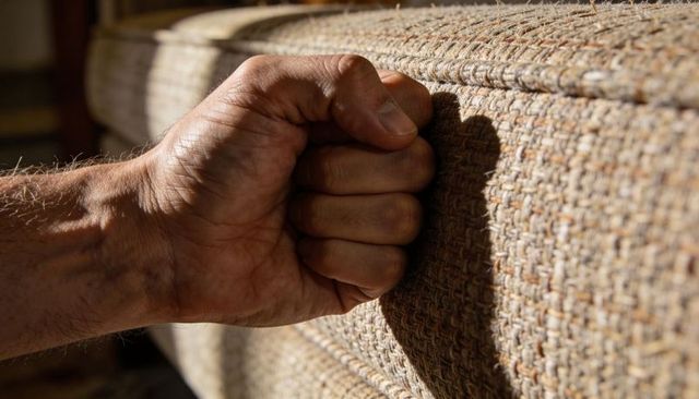 Clenched fist gripping woven sofa armrest casting shadow conveying stress and tension