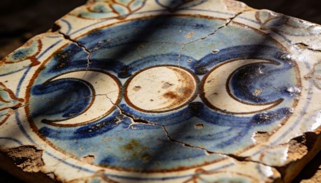 Weathered ceramic tile fragment featuring triple moon motif, sunlit blue glaze and cracks