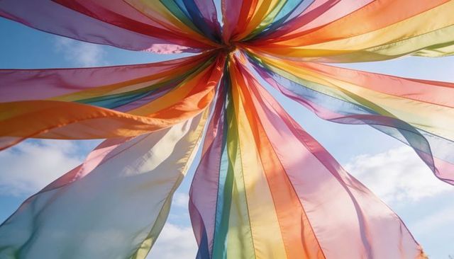 Rainbow streamers fluttering toward sky catching sunlight overhead outdoor festival