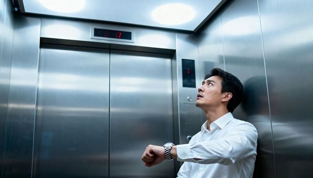 Asian businessman checking wristwatch inside stainless steel elevator cabin, looking up