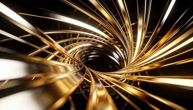 Spiraling golden ribbon vortex converging into dark void, metallic abstract tunnel motion