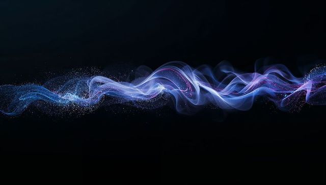 Luminous Neon Wave Ribbon Flowing Across Dark Background with Glowing Particle Trail