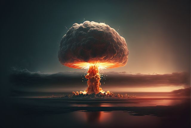 Massive nuclear explosion depicted by a mushroom cloud rising against a dramatic sunset, highlighting a powerful and destructive event. Suitable for illustrating concepts of destruction, war, apocalyptic scenarios, nuclear energy impacts, and caution in articles, presentations, or educational materials.