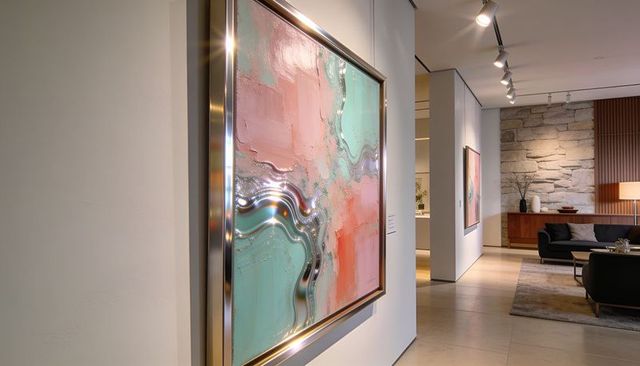 Contemporary gallery interior with large iridescent abstract painting and metallic swirls