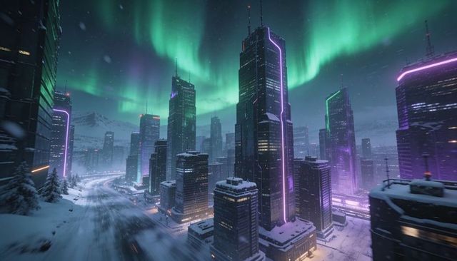Glowing neon-trim skyscrapers rising over snowy futuristic city under green aurora