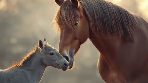 Mare and Foal Nuzzling in Misty Morning Pasture