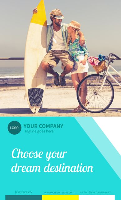 Ideal for travel agencies and tourism promotions, this image showcases a romantic couple enjoying a sunny day at the beach with a surfboard and bicycle, symbolizing adventure and leisure. Great for advertisements, travel brochures, website banners, and social media posts aiming to inspire people to choose beach destinations for their next holiday.