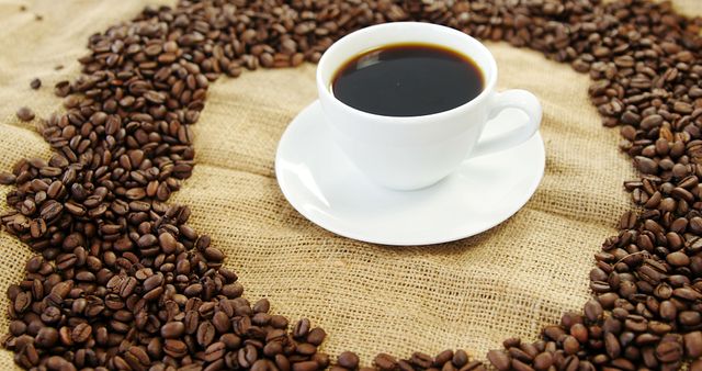 A white cup of coffee sits amidst a heart-shaped arrangement of coffee beans on a burlap surface, with copy space. Coffee enthusiasts often appreciate such creative presentations that celebrate their favorite beverage.
