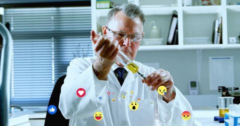 Innovative chemist conducting laboratory research with experiment icons