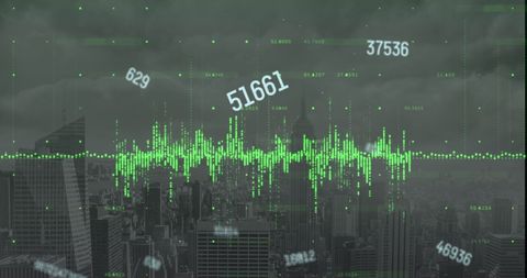 Dynamic Financial Data Display over Cityscape in Green Tones - Download Free Stock Images Pikwizard.com