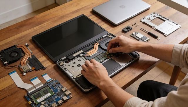 Repairing laptop motherboard installing ram with disassembled parts on wooden table
