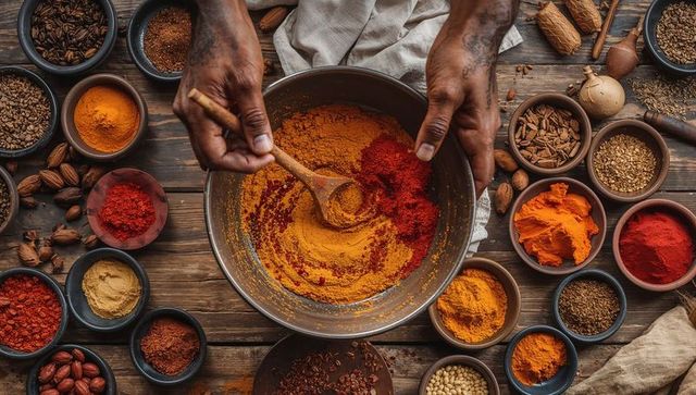 Mixing vibrant turmeric and chili spices with tattooed hands overhead on rustic table