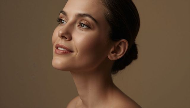 Woman tilting head showing smooth skin warm natural makeup beauty headshot