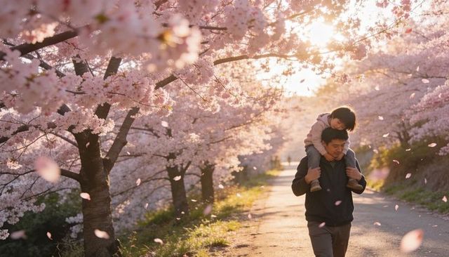 Father carrying child on shoulders under blooming cherry trees at golden hour spring walk