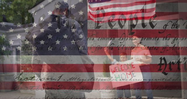 Patriotic homecoming scene showing soldier's return to family. Overlay of American flag and US Constitution emphasizes themes of patriotism, honor, and national pride. Use for military appreciation events, patriotic holidays, or family reunion promotions.