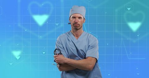 Confident Male Doctor on Digital Heartbeat Background
