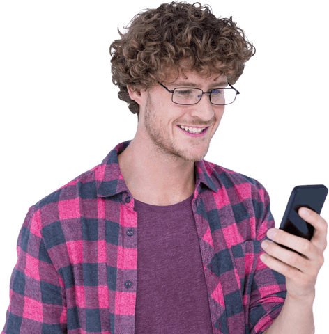 Smiling Young Man in Casual Outfit Using Smartphone on Transparent Background