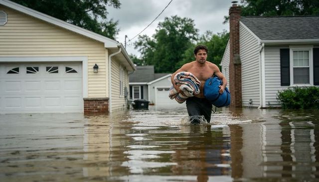 Shirtless man carrying blankets and duffel through suburban floodwater during evacuation