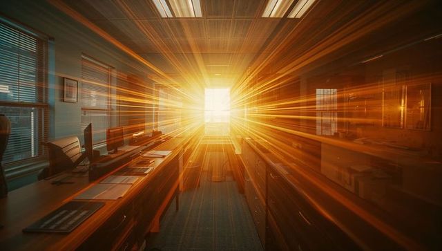 Vibrant golden sunburst in modern office corridor