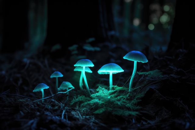 Bioluminescent mushrooms glowing in dark forest, creating an enchanting and mystical atmosphere. Useful for illustrating themes of nature, fantasy, mystery, and botanical studies. Suitable for backgrounds, fantasy artwork, and educational content regarding fungi and bioluminescence.