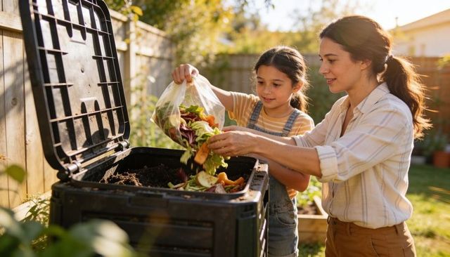 Mother and daughter composting kitchen scraps in backyard during golden hour