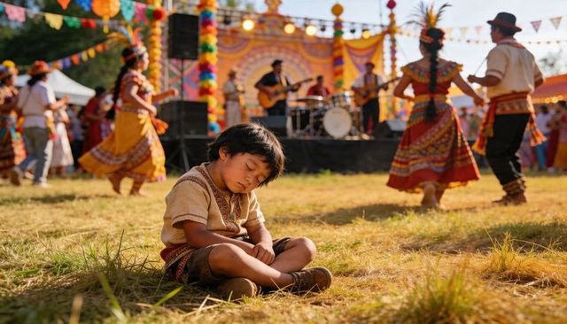 Sleeping child resting on grass at colorful folk festival with live band and dancers