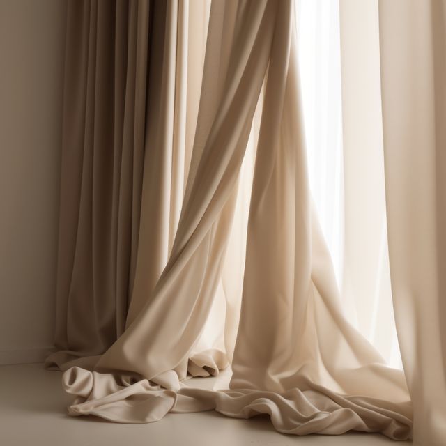 White curtains hanging in room with window, created using generative ai technology. Interior design, home decor and fabric concept digitally generated image.