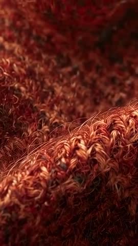 Vertical macro video panning over rust-orange knit fabric revealing textured yarn fibers