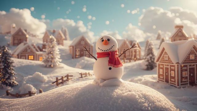 Festive snowman in winter wonderland village scene