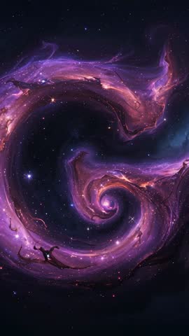 Vertical cosmic vortex swirling purple nebula rotating and forming glowing galactic core