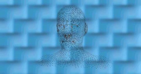 Digital Human Face with Particles on Blue Tech Background