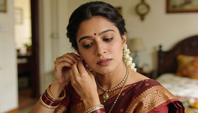 Indian woman adjusting earring while wearing maroon silk saree and gold jewelry