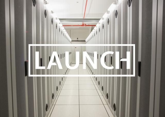 Image showing a data center's server room corridor with the prominent word 'LAUNCH'. Perfect for marketing materials, tech articles, cybersecurity promos, startup launches, and IT business strategies.