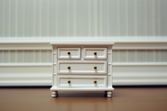 White wooden miniature chest of drawers on wooden floor with neutral background wall featuring white baseboards. Ideal for illustration in home decor themes, diorama projects, or furniture style guides. Can be used by interior designers and home organizers to reflect elegant simplicity and storage solutions.
